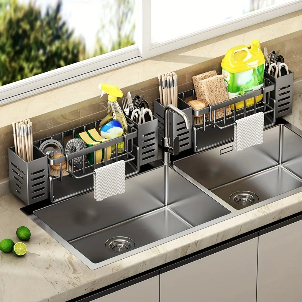 Sink Caddy Self Draining Sponge and Brush Holder Kitchen Sink Organiser - Grey