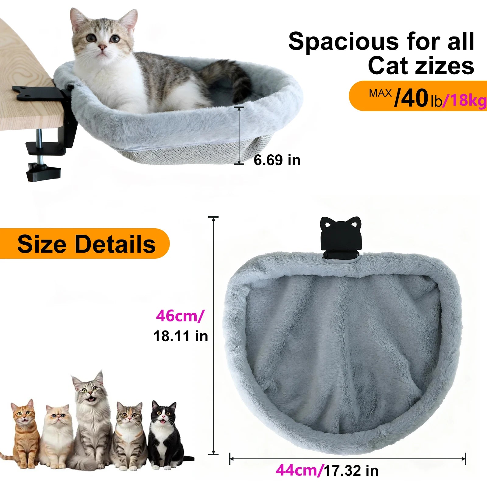 Foldable Desk Cat Hammock Bed Semi Circular Space Saving Faux Fur Desk Perch for Indoor Cats