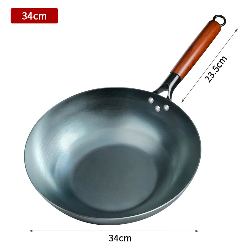 Carbon Steel Wok Pan 34cm Flat Bottom Stir Fry Cookware Beech Wood Handle