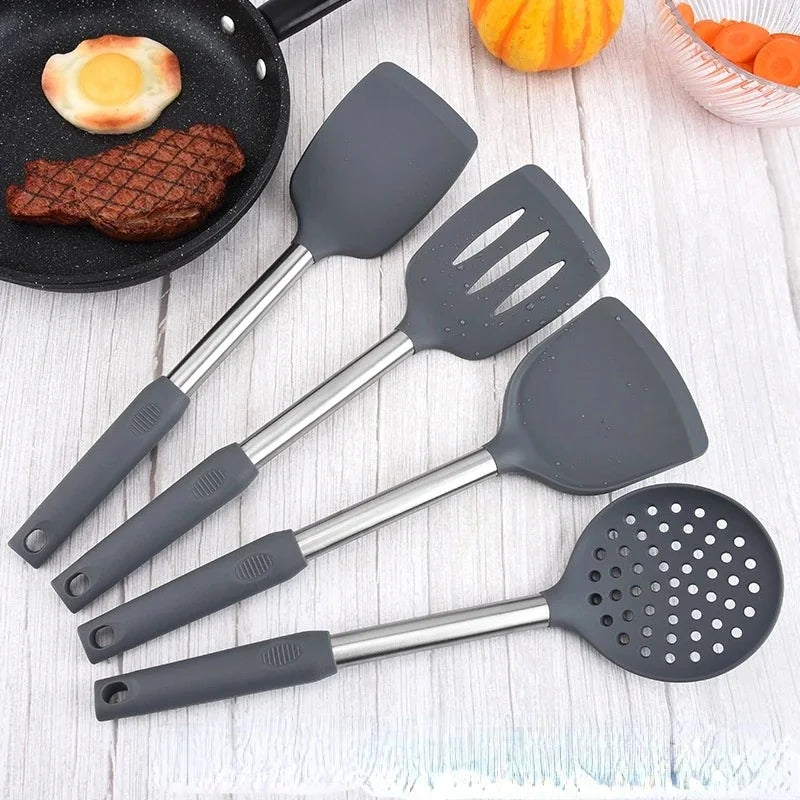 12PCS 360° Rotating Silicone Kitchen Utensil Set – Non-Toxic Cooking & Baking Tools – Heat Resistant with Rotating Base - Grey