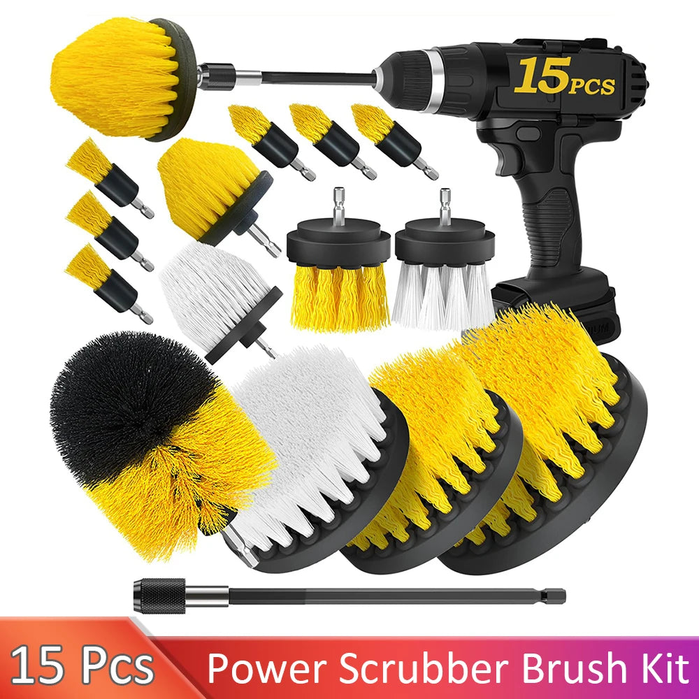 Drill Brush Attachment Set 15pcs Power Scrubber Cleaning Kit with Extension Rod - 15 Pcs
