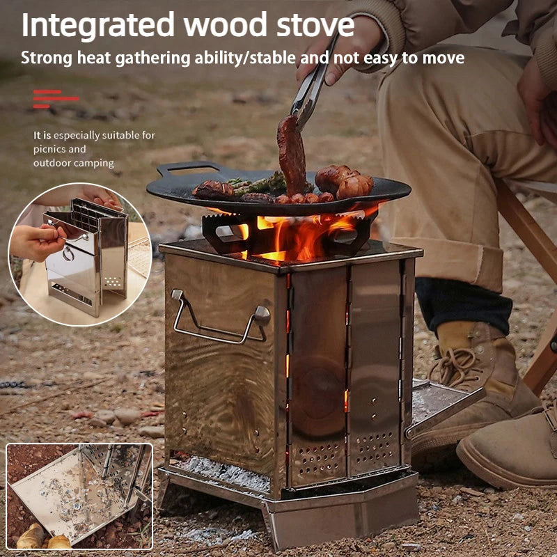 Camping Wood Stove Foldable Stainless Steel Portable Outdoor Cooker - Medium