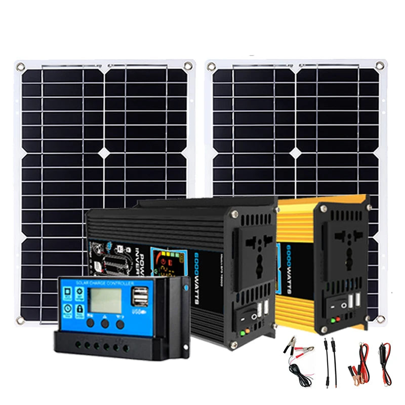 Solar Panel Kit 6000W Inverter 2 × 300W Folding Solar Panels 30A Controller 12V to 220V – Yellow