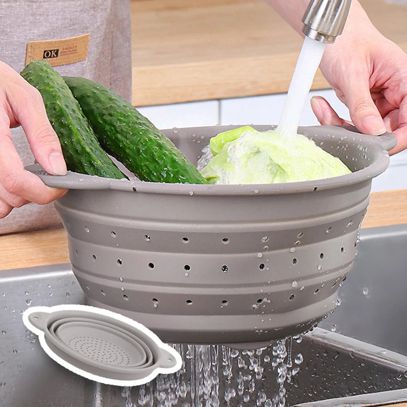 Foldable Silicone Drain Basket Fruit Vegetable Colander – Red