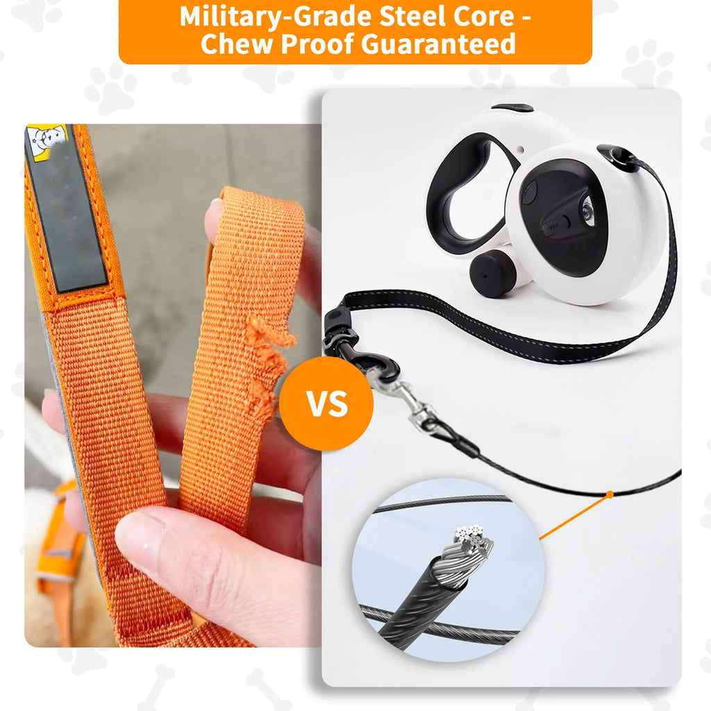 Dog Leash 4.9 m Retractable Rechargeable LED Light Steel Cable with Waste Bag Holder for Outdoor Walks