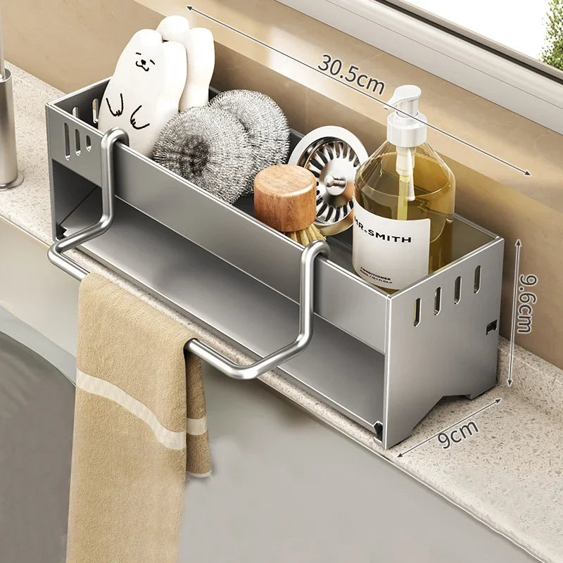 Stainless Steel Sink Storage Rack Kitchen Sponge Holder with Towel Bar Draining Organizer – Grey