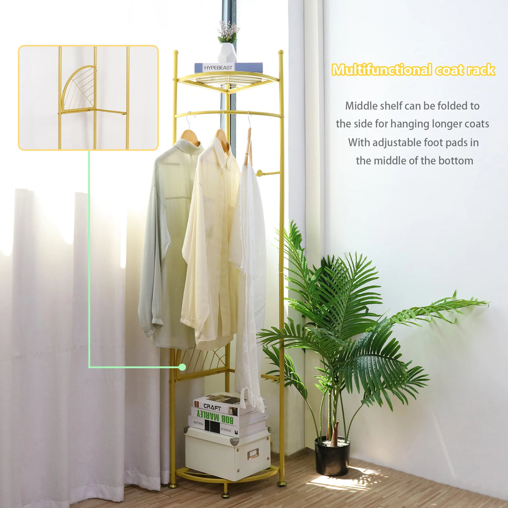 Freestanding Gold Coat Rack with Storage Shelves Heavy Duty Metal Hall Tree for Bedroom Entryway and Hallway