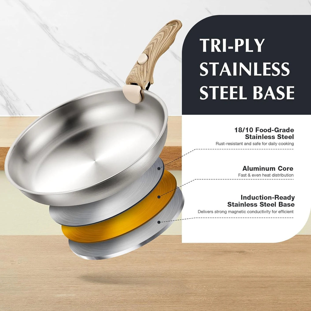 Stainless Steel Frying Pan Set with Removable Handle Induction Compatible 4PCS