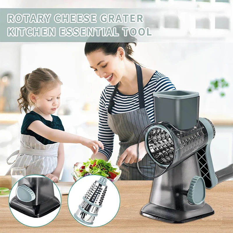 3-in-1 Rotary Cheese Grater with Manual Handle and Interchangeable Drums – Red