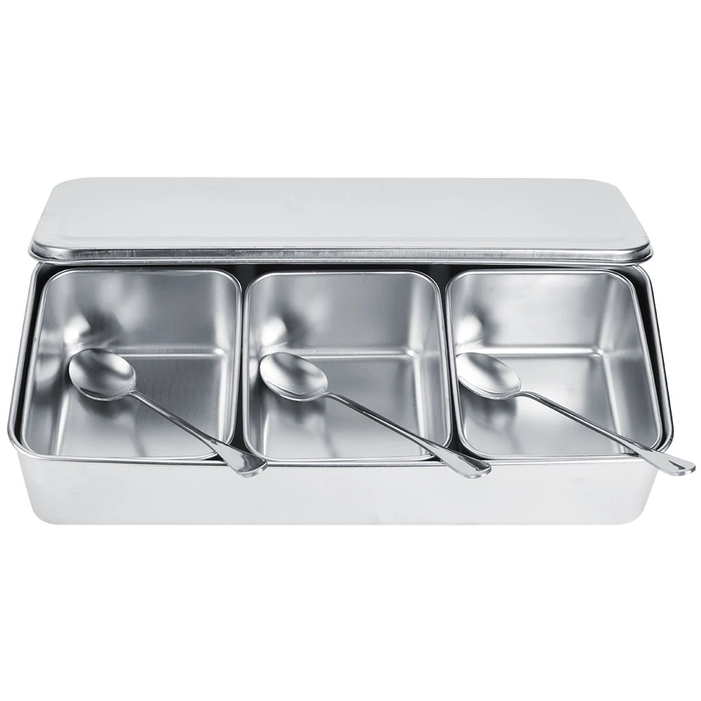 Seasoning Box 3 Grid 630mL Stainless Steel Spice Storage Container Set with Lid and Spoons - Silver
