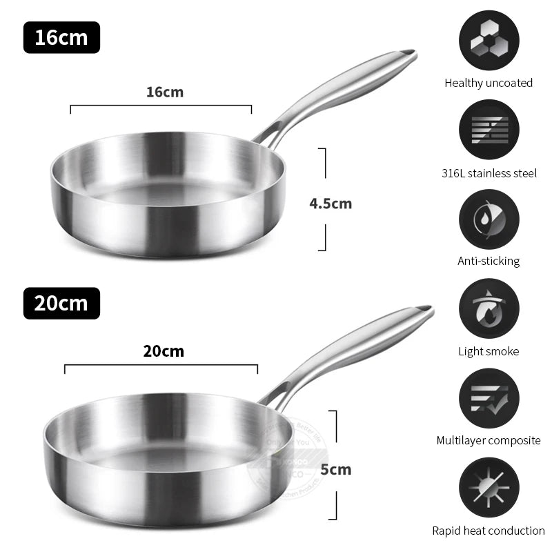 Frying Pan 20 cm 316 Stainless Steel Uncoated Skillet with Ergonomic Handle for Gas and Induction Cookers
