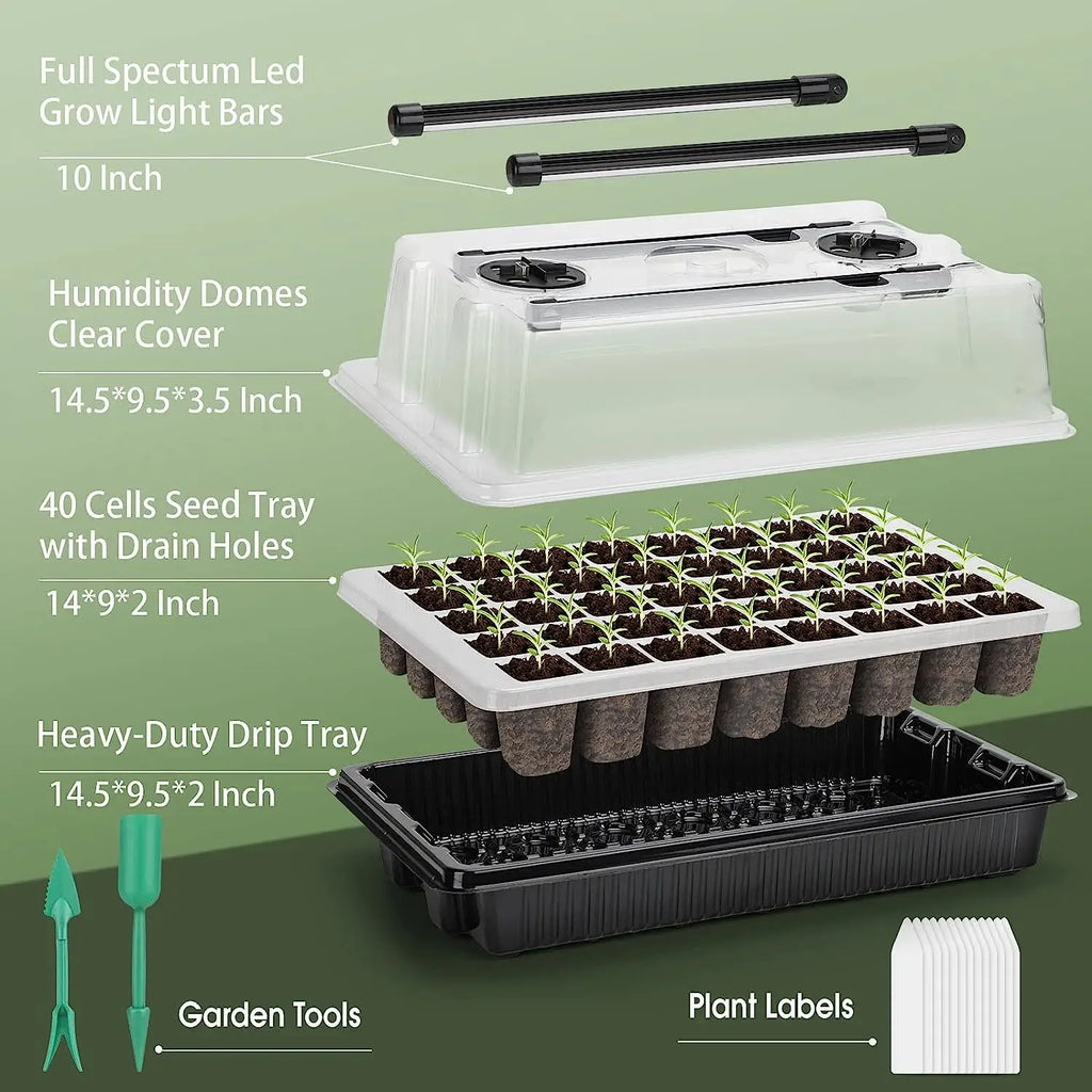 Seed Starter Tray 40 Cells with 2 LED Grow Lights and Humidity Dome for Home Gardening