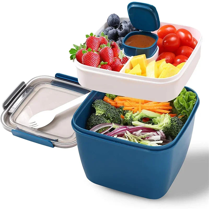 52oz Portable Salad Bowl 2 Compartment Bento Lunch Box with Dressing Cup & Fork – Blue