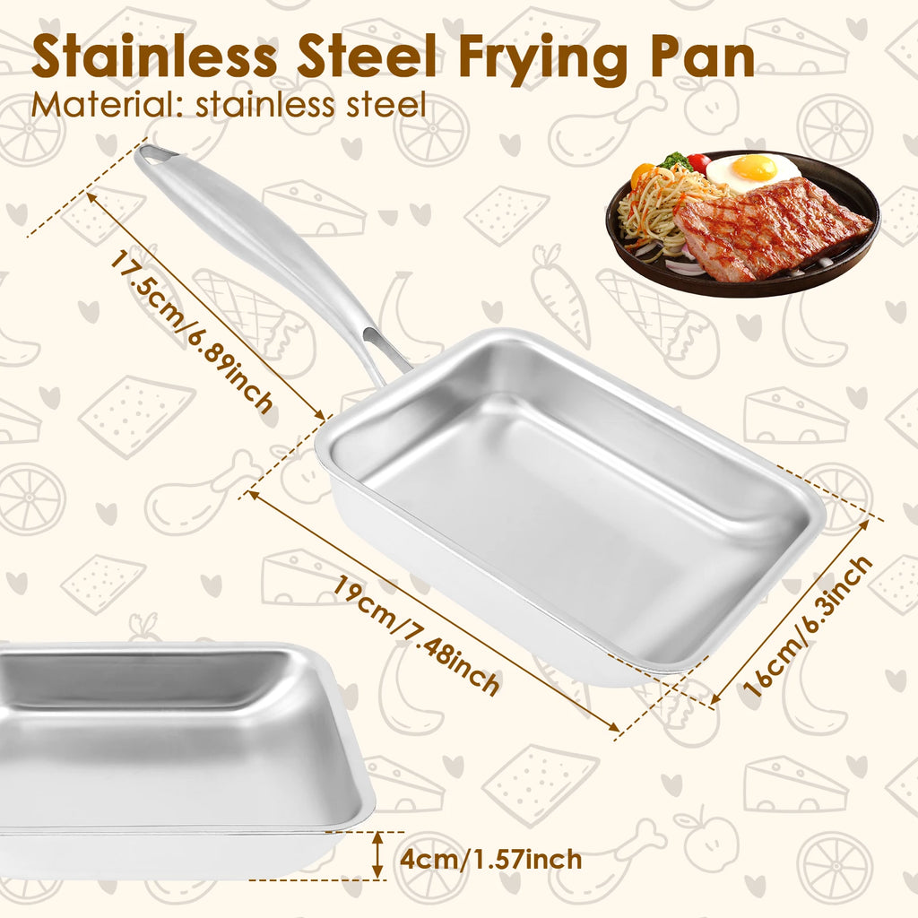 Tamagoyaki Pan 19 × 16 × 4 cm Stainless Steel Rectangle Omelette Pan with 17.5 cm Handle