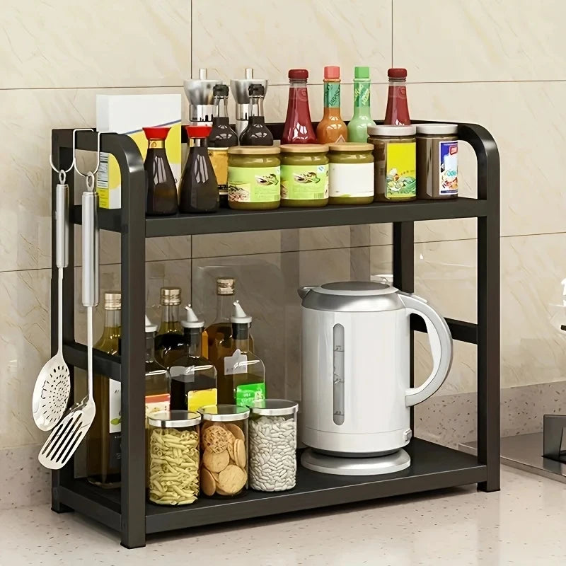 Kitchen Bench Shelf 2 Tier Iron Countertop Storage Rack Organiser - Teak