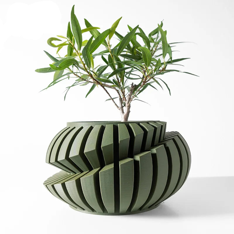 3D Printed Flower Pot PLA Geometric Textured Planter for Desktop Decor Matte Dark Green
