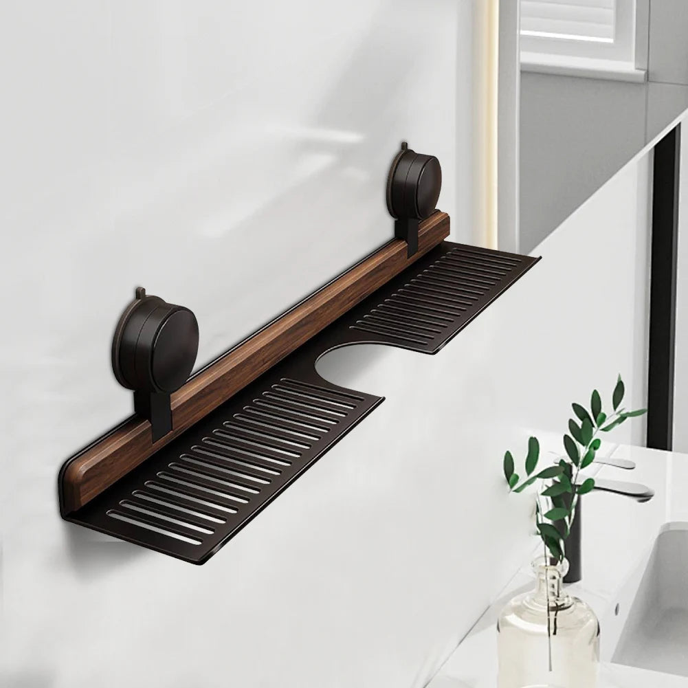 Bathroom Shelf Walnut Suction Cup Sink Organiser Over Faucet Storage Rack - Black