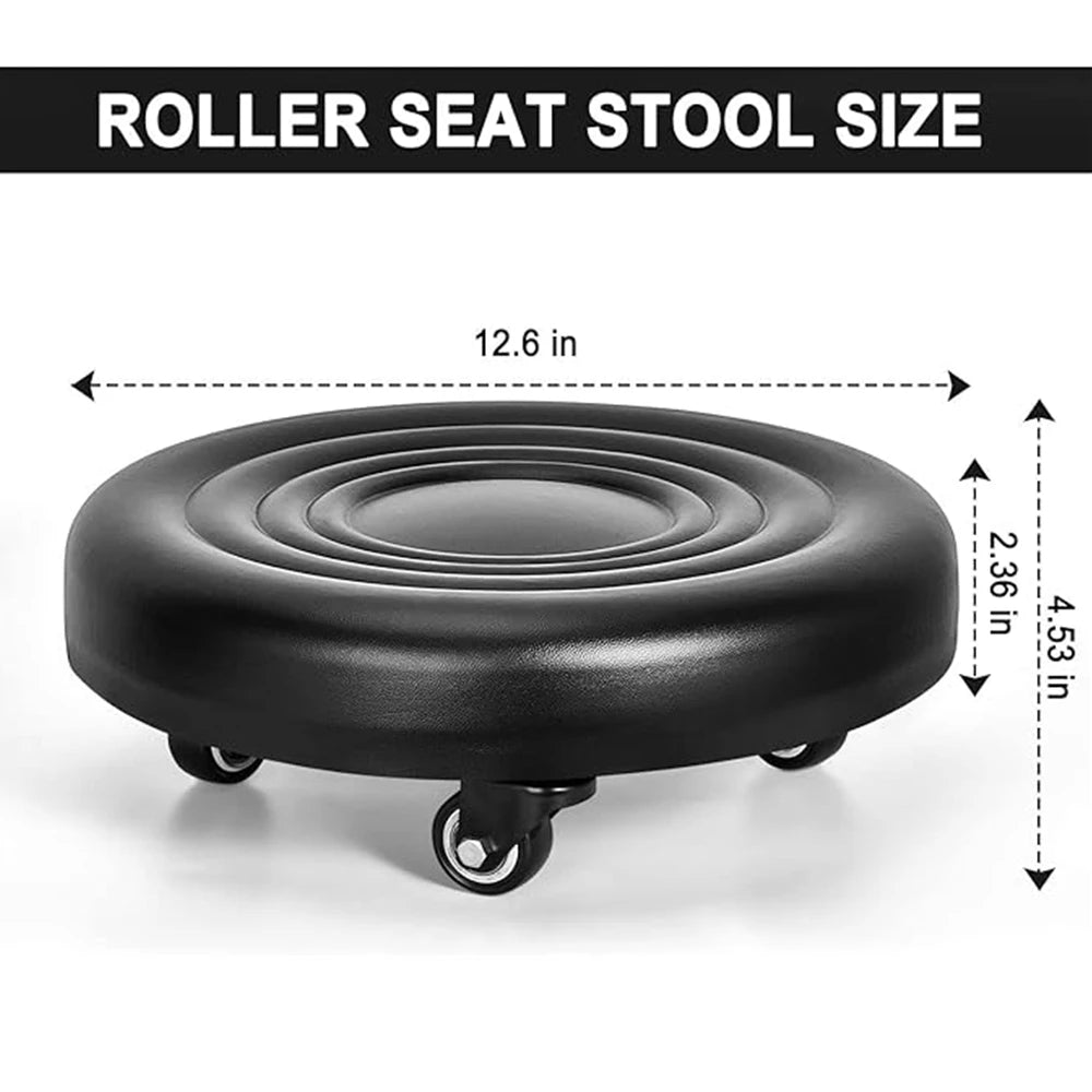 Low Rolling Stool with Universal Wheels PU Leather Cushioned Swivel Seat for Home Garage and Salon – Black
