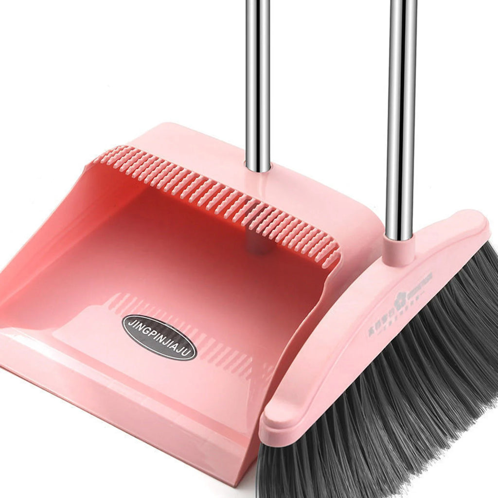 Broom and Dustpan Set Long Handle Folding Dustpan Stand-Up Storage Cleaning Tool Pink