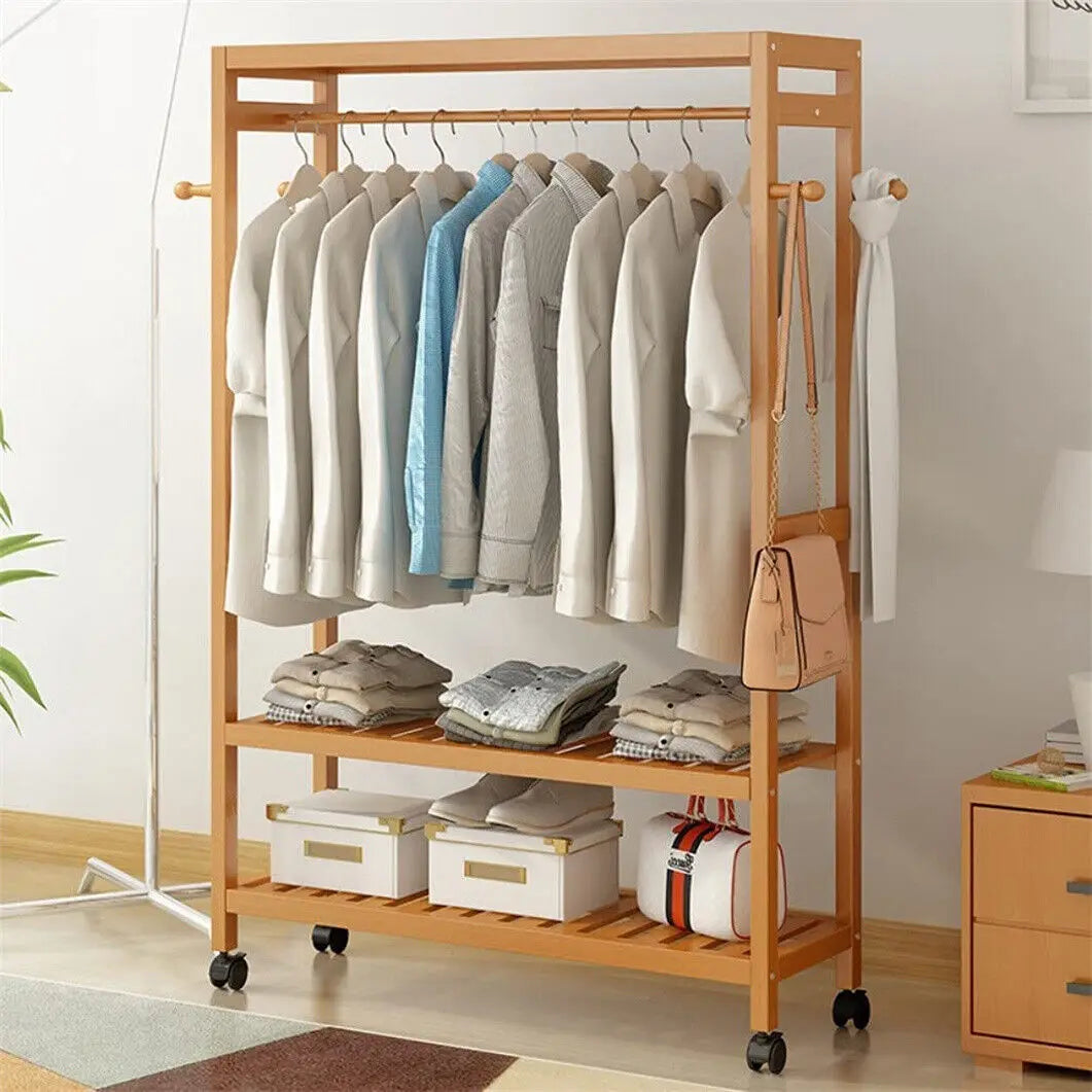 Bamboo Garment Rack with Shelves and Rolling Wheels Freestanding Clothes Hanging Organizer – Natural Wood