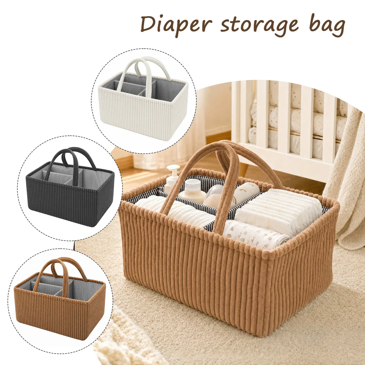 Foldable Diaper Caddy Organizer Corduroy Felt Storage Basket With Handles - Grey