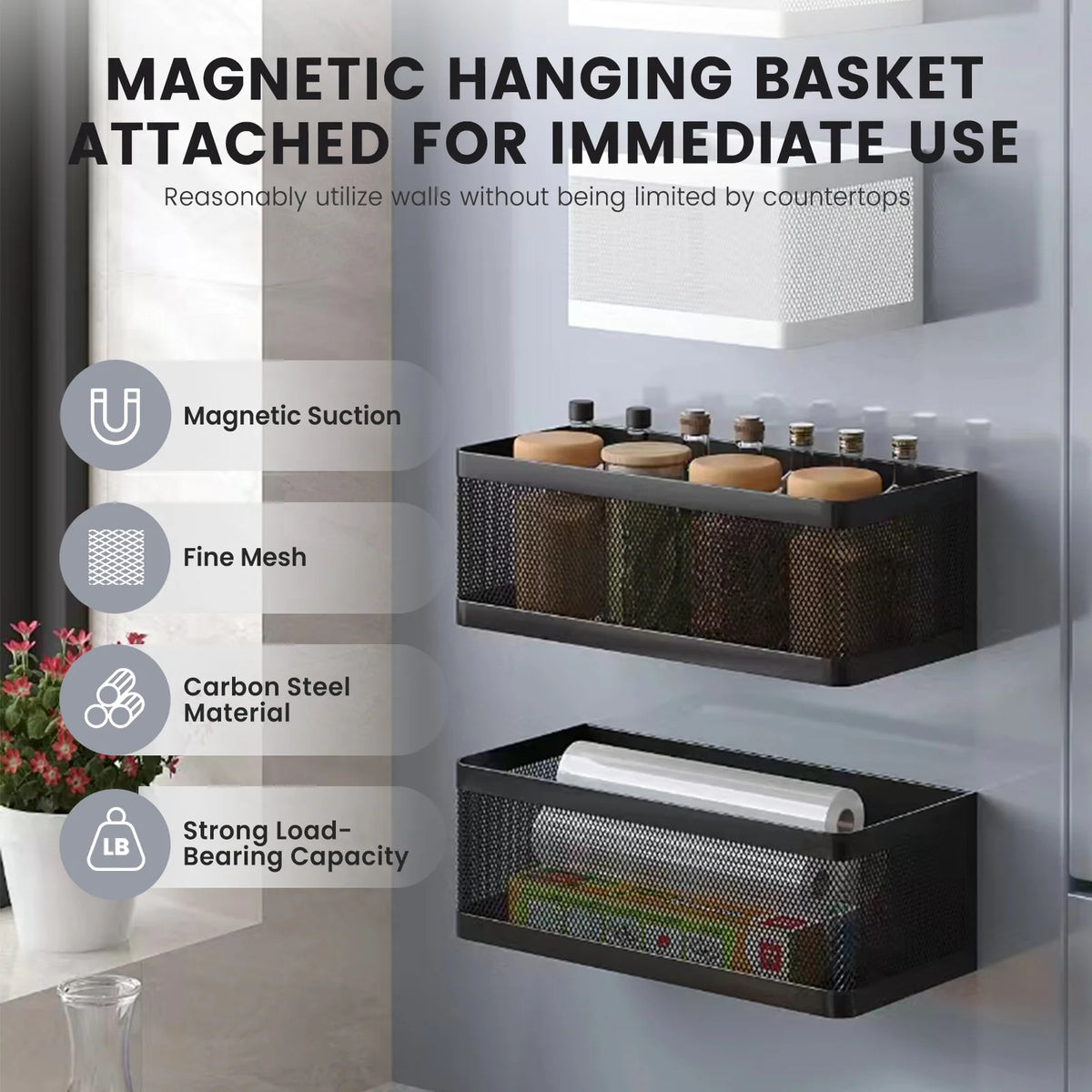 Refrigerator Storage Rack Metal Hanging Basket No Drill Kitchen Organiser - White