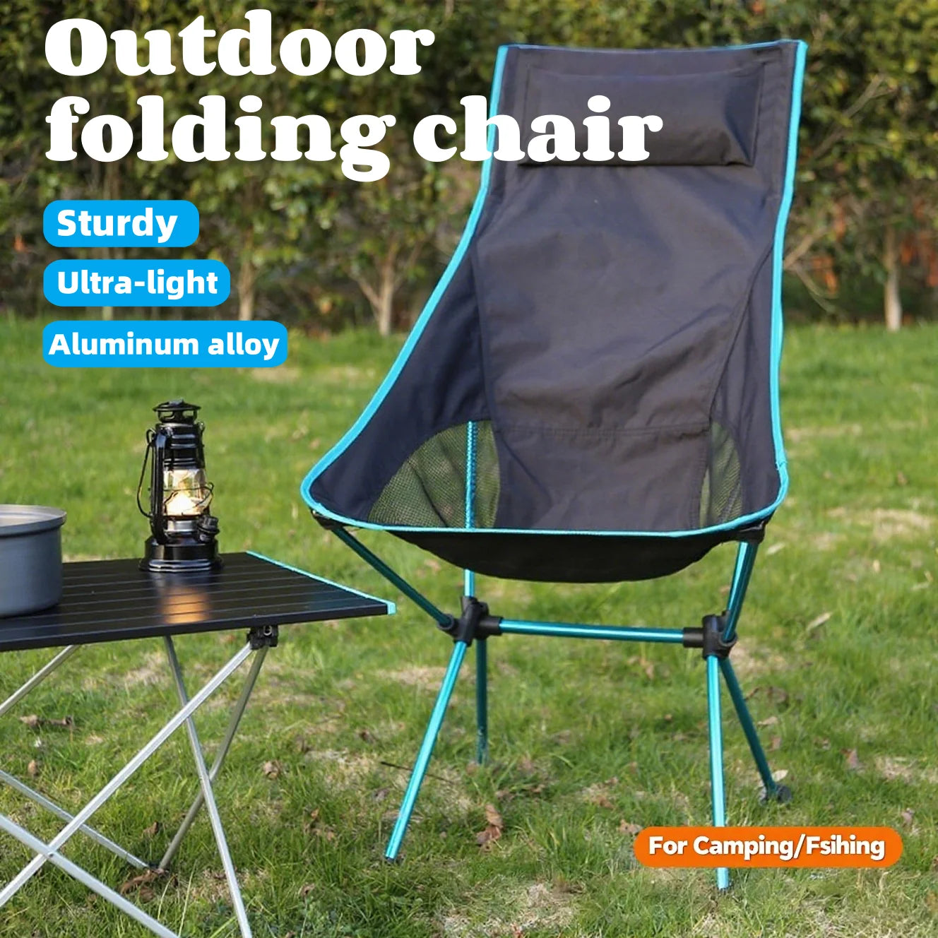 Camping Folding Chair Portable Moon Chair Ultralight Aluminum Outdoor Seat with Armrests - Blue