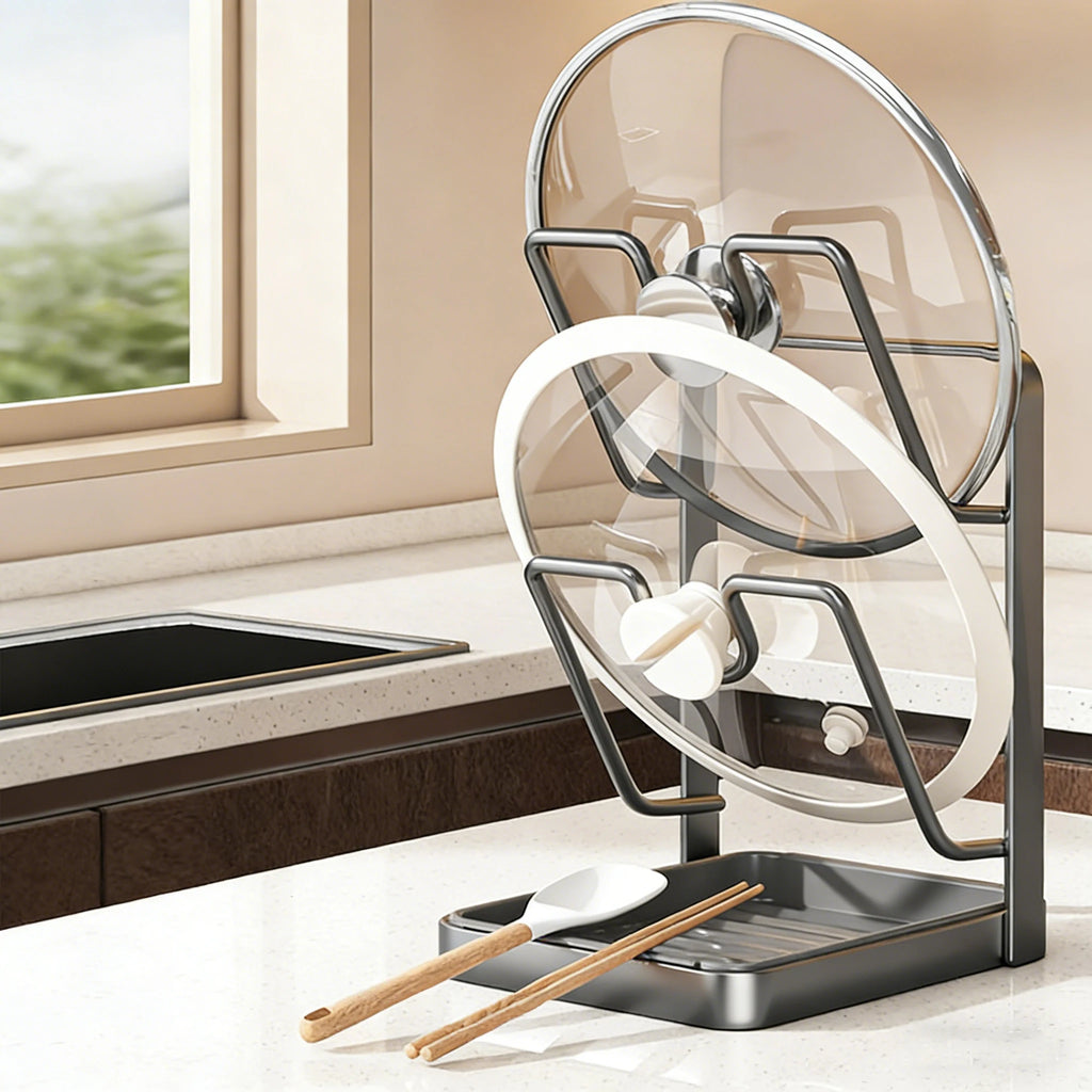 Pot Lid Rack 18.2 cm Stainless Steel Countertop 2 Tier Holder with Drainage Tray and Spoon Rest