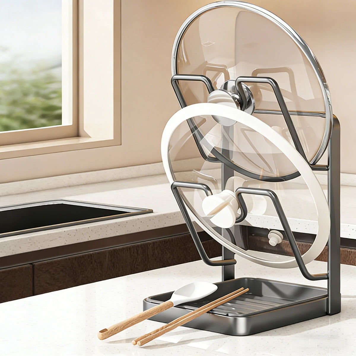 Pot Lid Rack 18.2 cm Stainless Steel 3 Tier Holder with Drainage Tray and Spoon Rest for Kitchen
