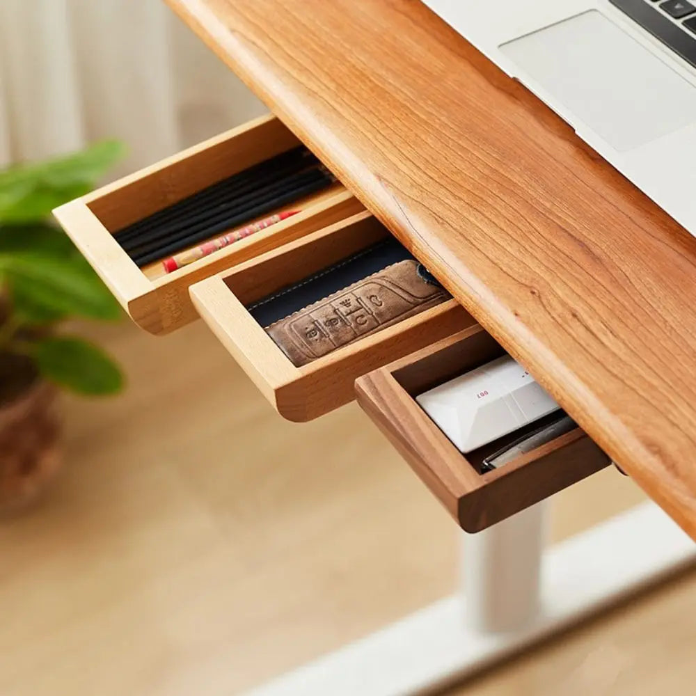 Hidden Under Desk Storage Drawer Self Adhesive Wooden Organizer for Office Desk Home Workspace – Walnut