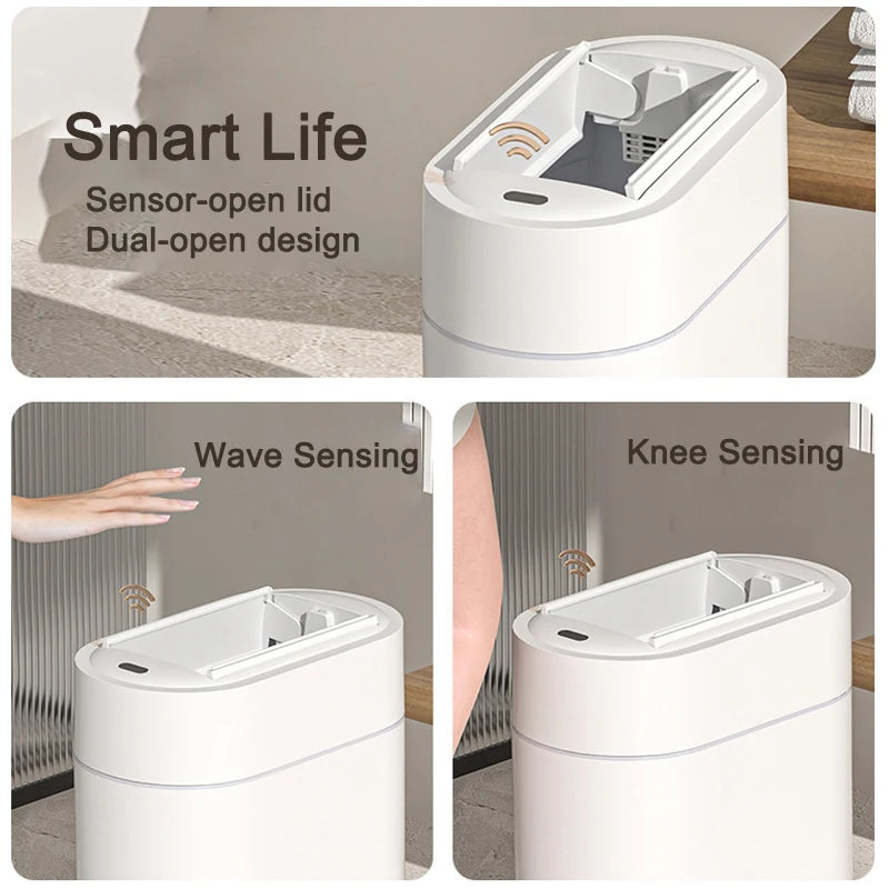Trash Can Portable 9L Automatic Lid Narrow Wall Mount Waste Bin with Bag Storage White