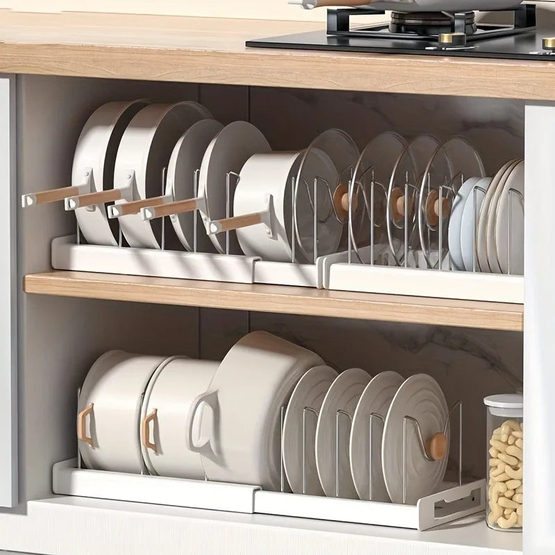 Kitchen Cabinet Pot Organizer Rack Adjustable Metal Divider Storage Shelf for Pots and Pans - White