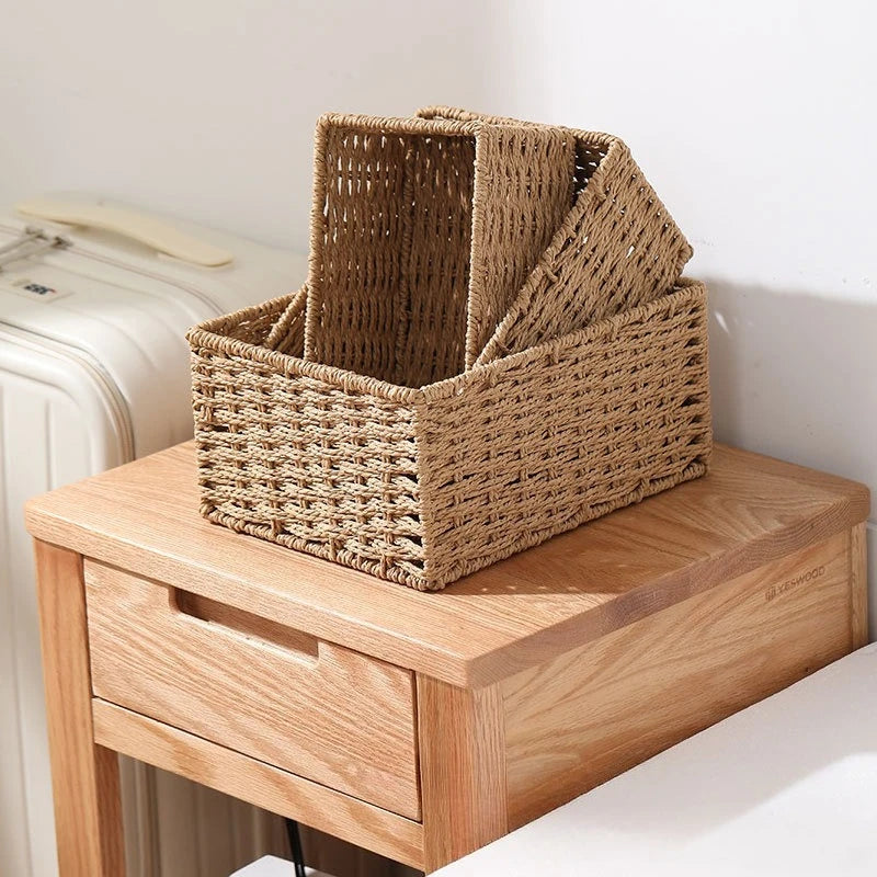 3 Piece Wicker Storage Basket Set Nesting Shelf Organizers for Bathroom Kitchen Closet Home Storage – Beige