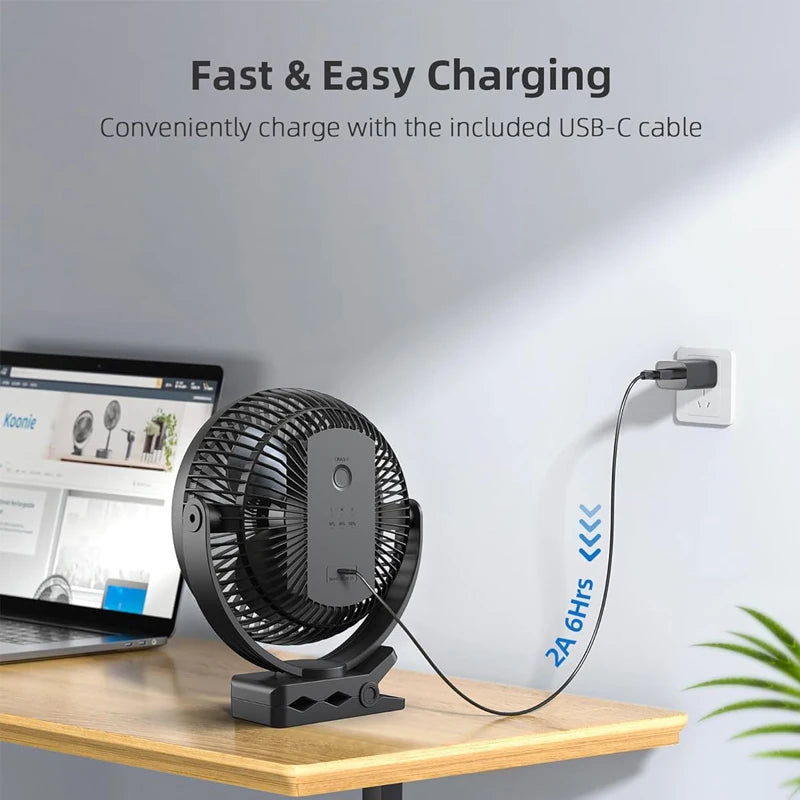 Clip Fan Portable Rechargeable 8 Inch USB Cooling Fan 10000mAh Strong Wind - Black