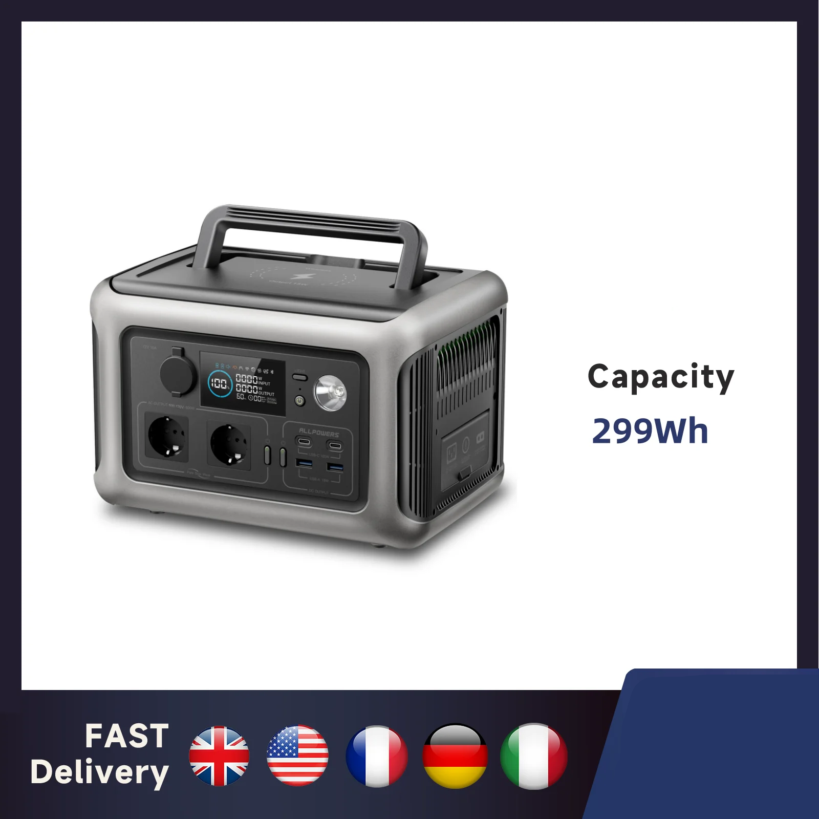 Portable Power Station 299Wh 600W Pure Sine Wave Emergency Battery Backup – Black