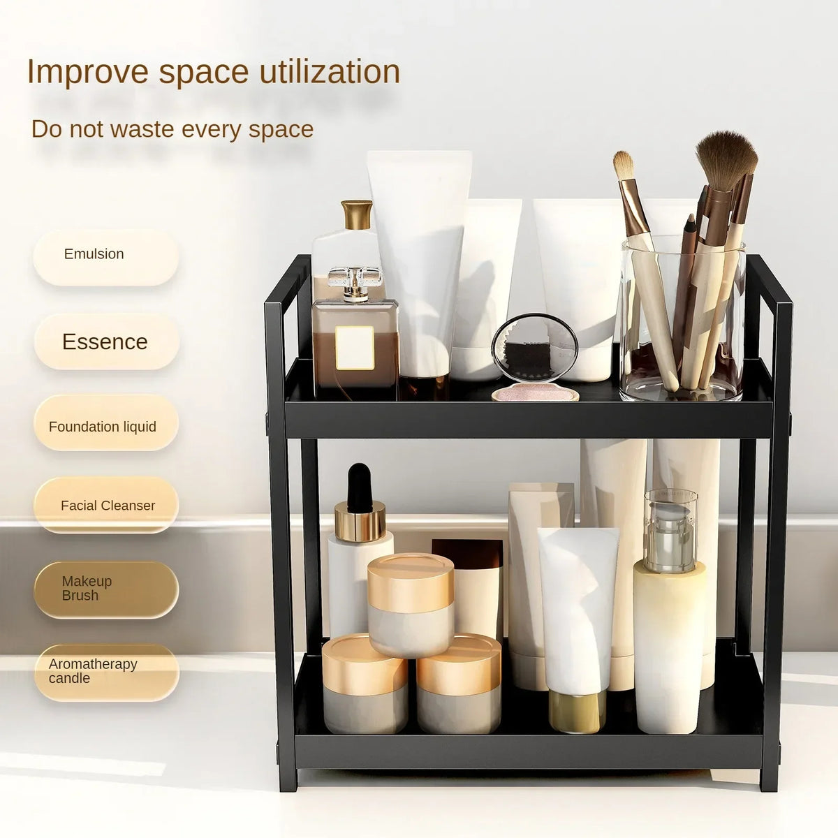 2 Tier Under Sink Organizer Sliding Storage Rack Hooks Bathroom Kitchen - Black