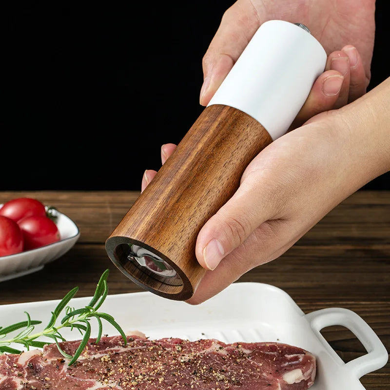 Manual Salt and Pepper Grinder Solid Wood Adjustable Ceramic Spice Mill 15cm – White
