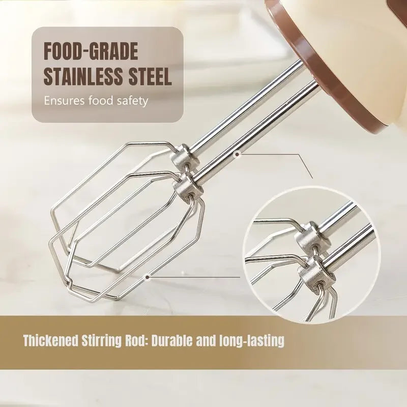 Hand Mixer 5 Speed Cordless Electric with 2 Detachable Stainless Steel Whisks - Brown