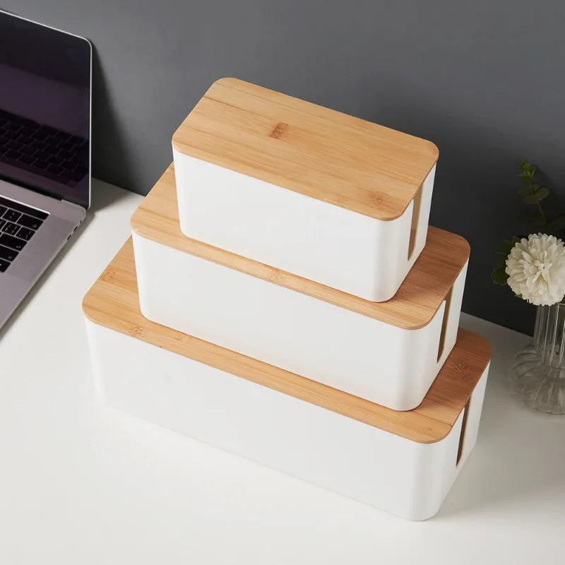 Cable Management Box Bamboo Cover Cord Organiser Power Board Storage - Large