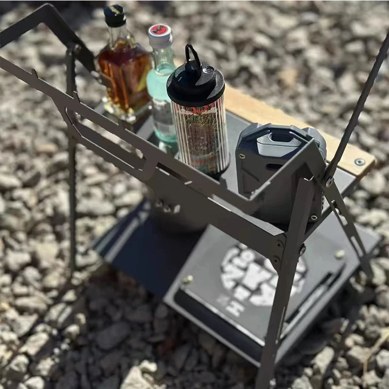 Camping Shelf Table Folding Outdoor Storage Rack with Lantern Hook – Silver