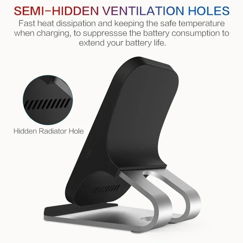Phone Charger Stand 10W Fast Wireless Charging Dual Coil Type C Desktop Holder Anti Slip - Black