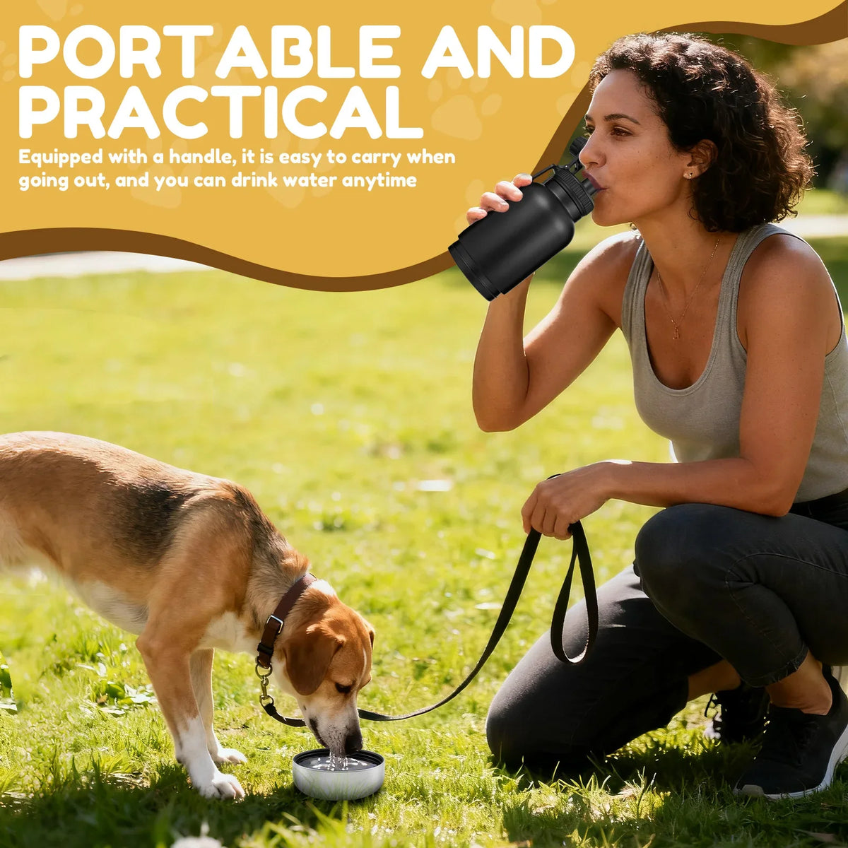 Dog Water Bottle 946 mL Stainless Steel Travel Dispenser with 2 Bowls - Black