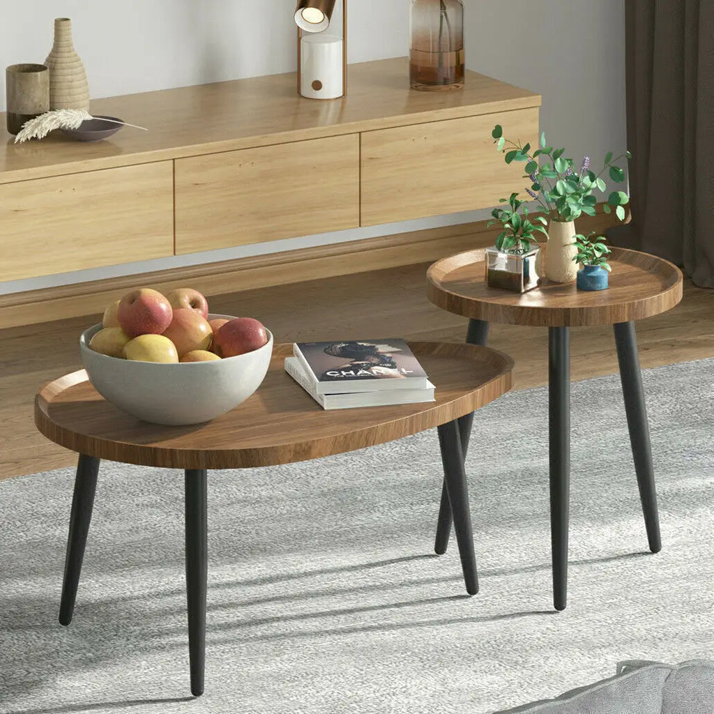 Set of 2 Nesting Coffee Tables Round Rustic Side Tables with Wood Top and Metal Legs – Chocolate
