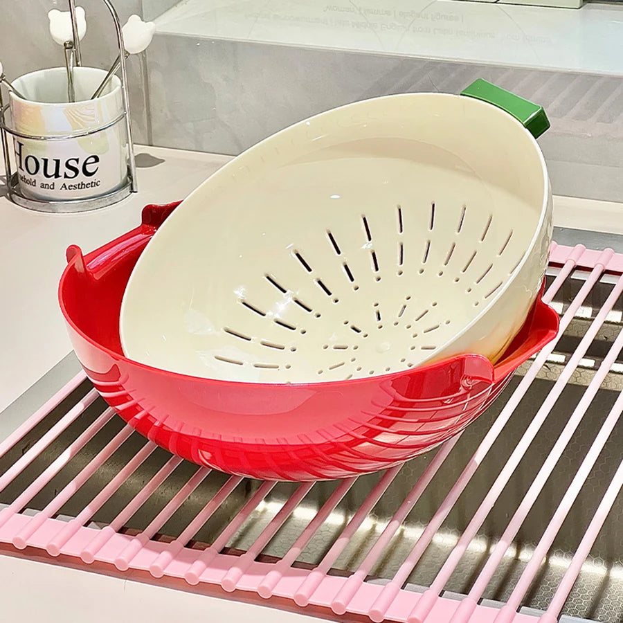 Double-Layer Draining Basket Fruit and Vegetable Wash & Storage Basket – Red