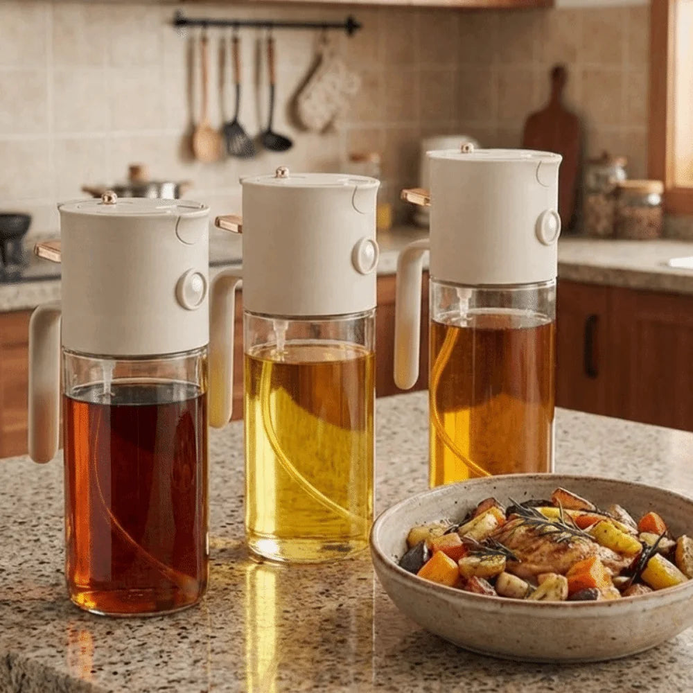 580ml 2 in 1 Glass Oil Sprayer and Pourer Refillable Leakproof Cooking Oil Dispenser Bottle – Gold