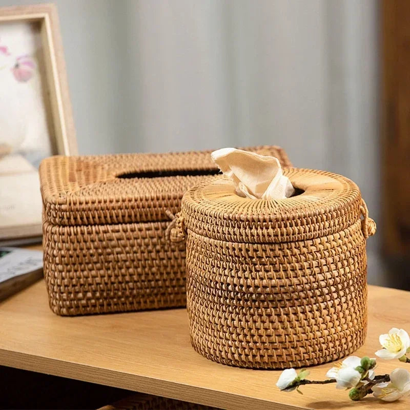Tissue Box Handmade Rattan Woven Cover Holder for Bathroom Home Office - Small