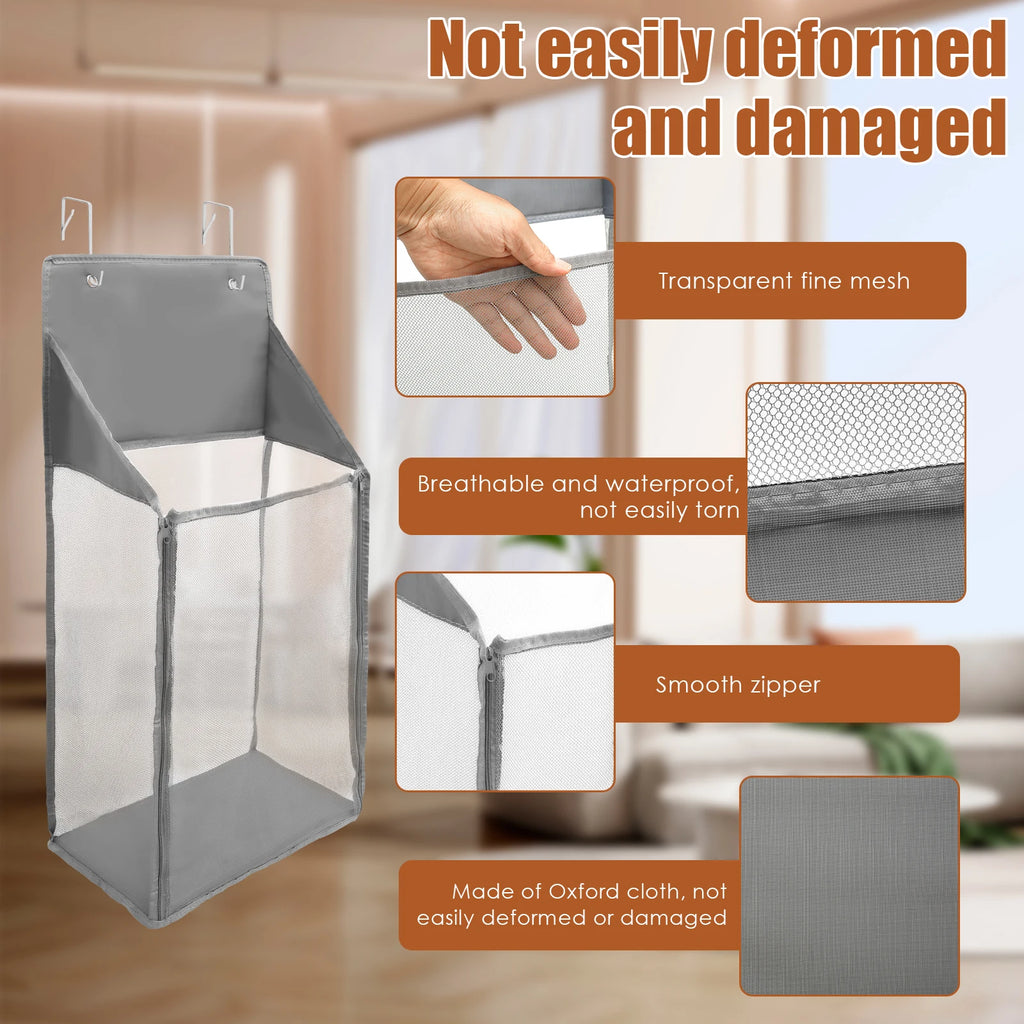 2Pcs Foldable Hanging Laundry Basket Mesh Hamper Over Door Storage - Grey