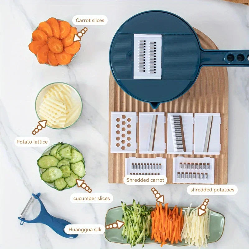 9-in-1 Multifunction Vegetable Chopper Manual Slicer & Shredder – Blue