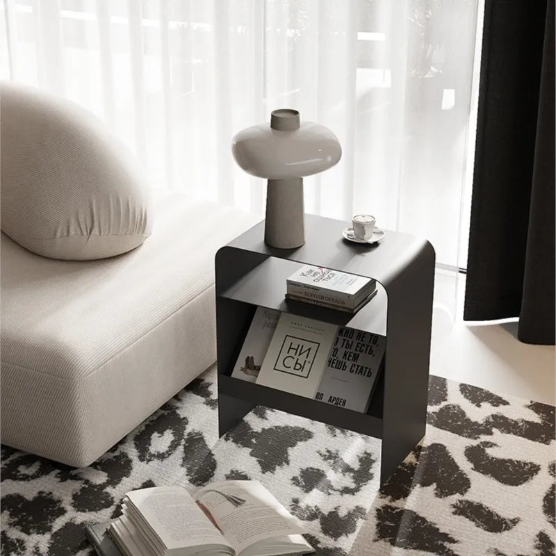 Side Table Iron Frame Built In Storage Rack Compact Bedside Table – Black