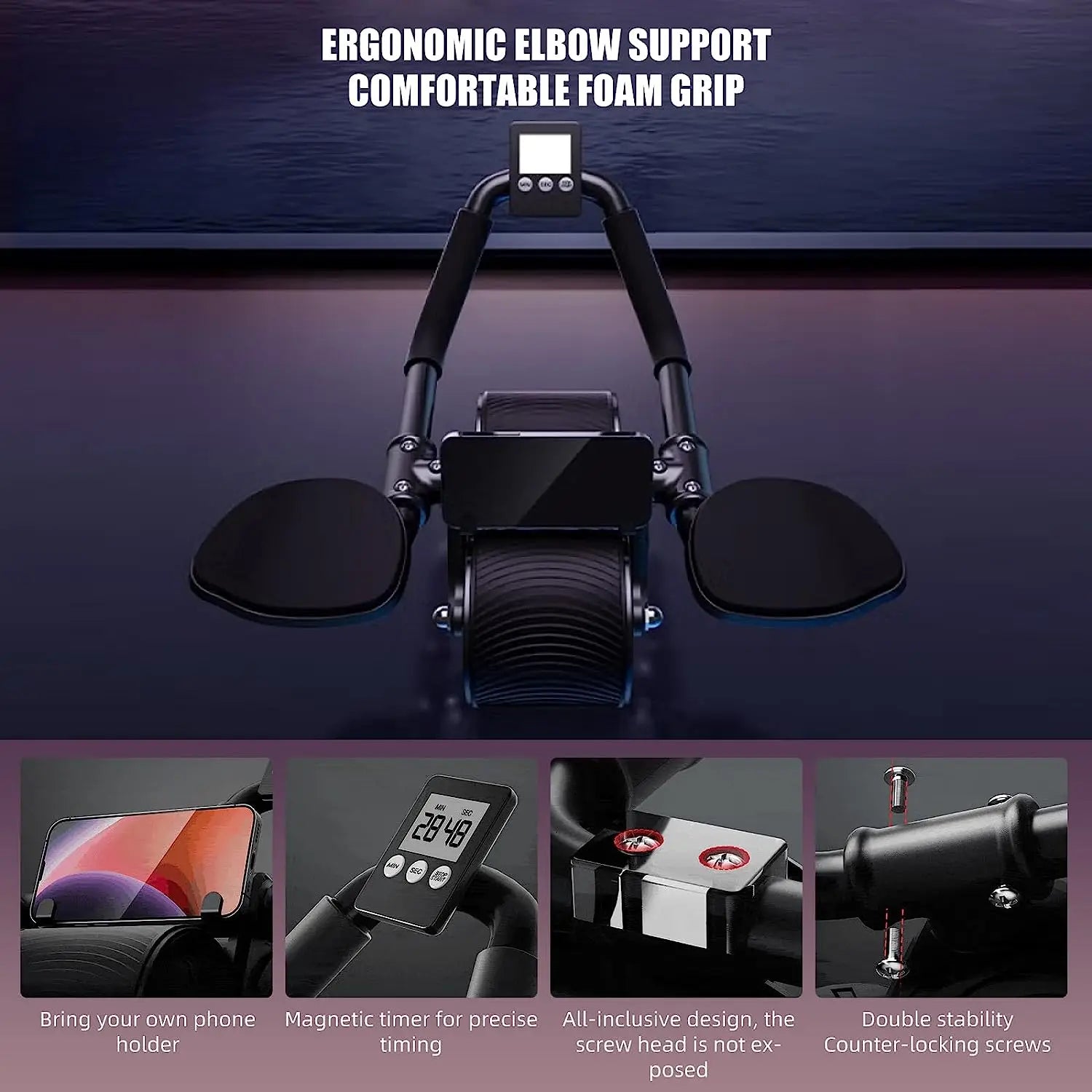 Abdominal Roller Wheel Automatic Rebound Double Wheel Core Trainer with Counter Display - Black